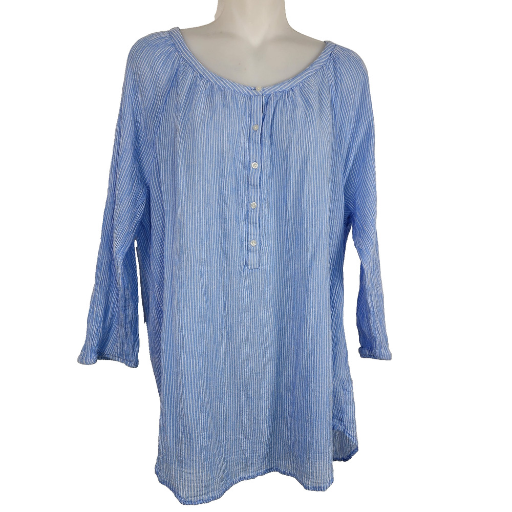 Chaps Denim Womens Popover Top 2X Blue Striped 3/4 Sleeve Gauzy Button Coastal